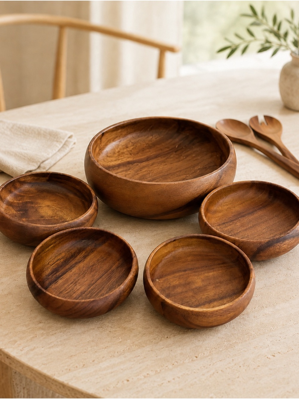 Vintage Wood Salad Bowl Set 5pc Monkeypod Style Mid Century Organic Modern MCM